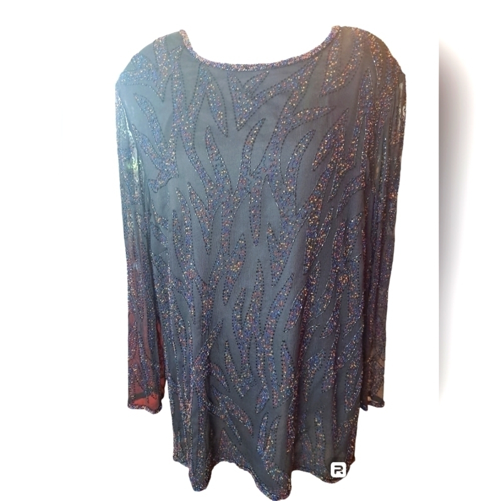 Papell boutique evening 1x silk beaded holiday formal tunic black rainbow beads